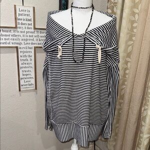 Free People Black and White Striped Off-Shoulder Swim Cover-Up